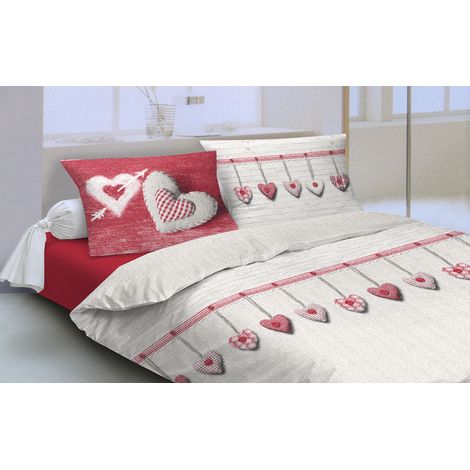 Copripiumino parure sacco e federa cuori 100% cotone singolo matrimoniale Rosso - 1 Piazza