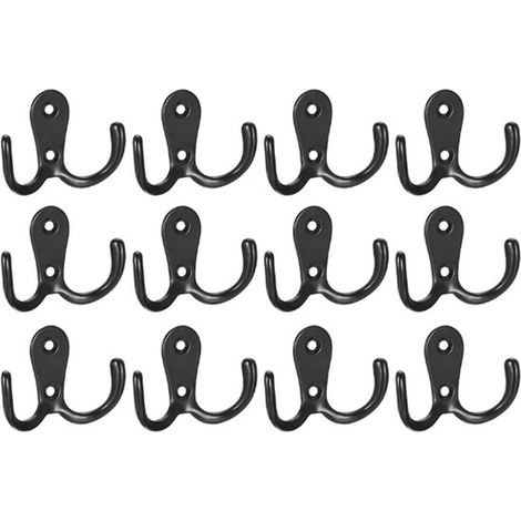 Crochet double - 12 pièces - Avec Vis 3 x 14 mm - Patère - Crochets - Crochet à vêtements - 5,3 x 4,1 cm - Zwart - Alliage de zinc - Convient pour salle de bain, chambre, porte, mur (1/5)