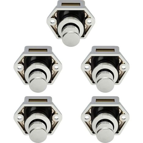 Lot de 5 boutons poussoirs chromés pour tiroirs et armoires – Installation directe sans clé – Épaisseur de porte 15-27 mm – Diamètre trou 20 mm – (1/5)