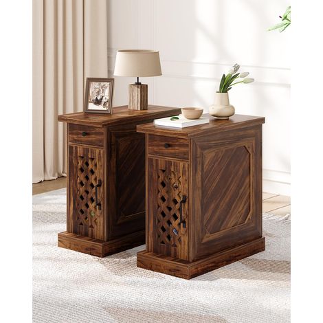 Tribesigns End Table set of 2, Narrow Side Table with Drawer and Cabinet, Farmhouse Nightstand End Table for Small Space, Living Room, Bedroom, Rustic Brown (1/5)