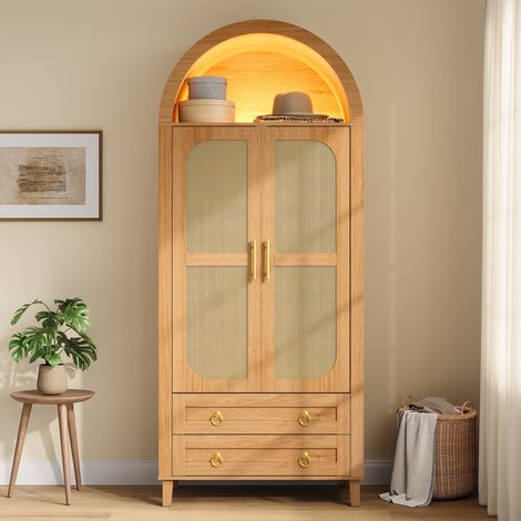 Armadio guardaroba 76x50x184 cm - mobile camera da letto con nicchia ad arco led app penderia e dettagli in rattan - naturale (1/5)