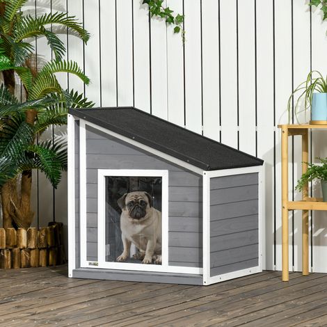Chenil en bois massif - 71cm x 58cm x 77cm - toit en asphalte - gris + blanc - résistant aux intempéries - Qualité