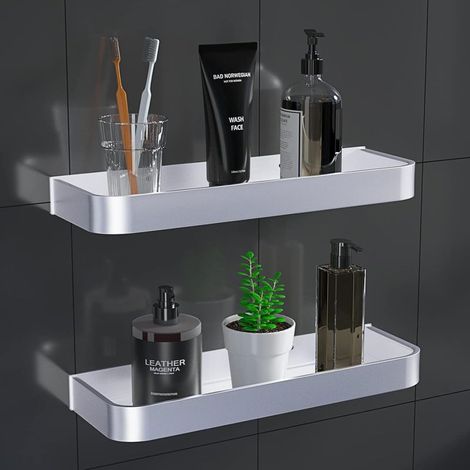 Lot de 2 étagères de douche sans perçage - Sans perçage - Étagère autocollante - Panier de douche - Étagère murale en aluminium fig. réactionnaire - Pour salle de bain, cuisine - Pour douche Marque : (1/5)