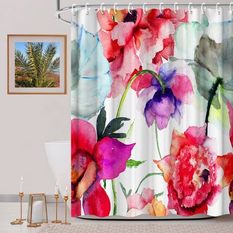 Juego de cortina de ducha con estampado floral (182 cm x 182 cm), incluye 12 ganchos, diseño de peonías en acuarela rojas y moradas, resistente al agua.