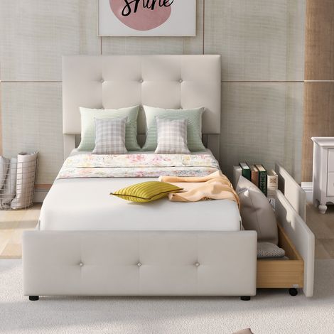 Lit Capitonné 90x200cm - Velours avec 1 Tiroir - Pour Enfant, Chambre - Beige (1/5)