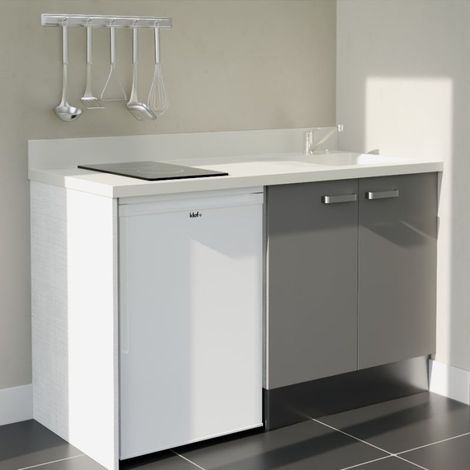 Kitchenette K17L - 140 cm - plan monobloc évier intégré Snova- évier à droite - Façades Gris + Electroménager inclus coloris Blanc