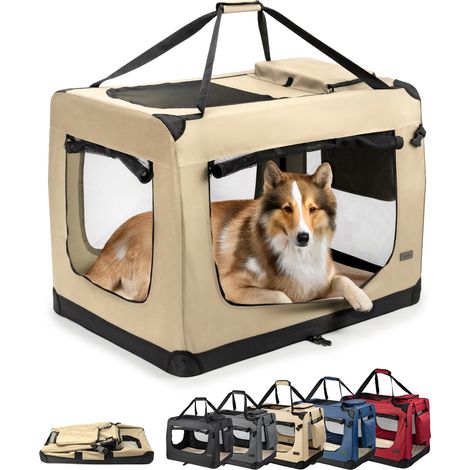 lionto Hundetransportbox faltbar, stabile Stoffbox mit Mesh-Einsätzen, ideal für Auto, Reise & Tierarzt, 90x61x65 cm, beige