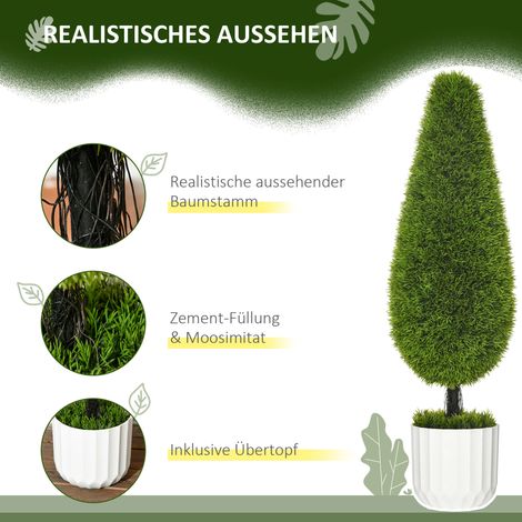 Lot de 2 cyprès synthétiques avec cache-pot et mousse artificielle, blanc et vert (1/4)