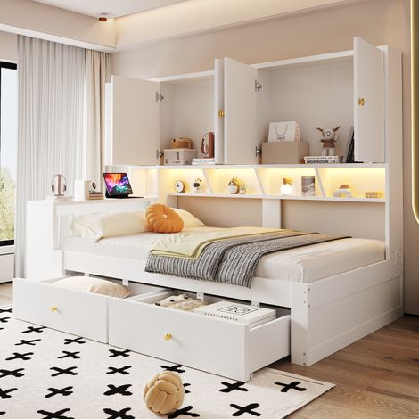 MODFU – Cama infantil 90x200 cm de MDF con escritorio integrado, enchufe, iluminación LED, cajones y nichos de almacenamiento – Blanco (1/5)