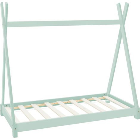 ML-Design Letto Montessori Tipi per Bambini 70 x 140 cm Verde Menta, in Legno di Pino Massiccio, con Rete a Doghe, Lettino Basso a Forma di Tenda Indiana, Giroletto a Capanna per Cameretta