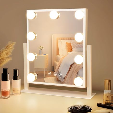 Miroir de Maquillage Hollywood avec éclairage,Miroir vanité 9 LED 9 LED - Petit miroir cosmétique avec lumière - Rotation à 360° - 3 modes - Miroir de coiffeuse tactile à intensité variable (1/5)