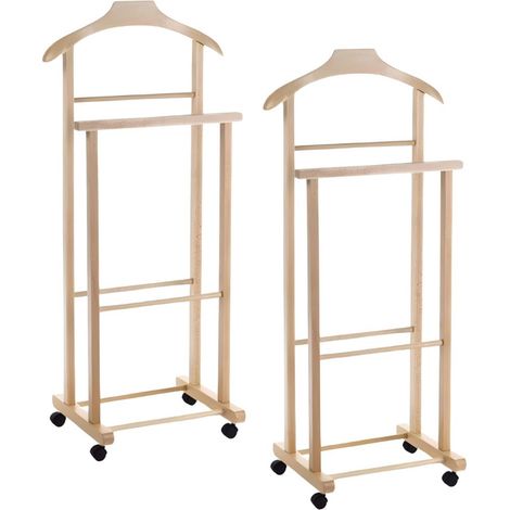 2 Servi muti da camera in legno di faggio - mis. 43x33x105 cm - appendiabiti da terra a 2 montanti per giacche, pantaloni e camicie - Colore legno nat