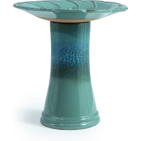 Bain d’oiseaux en céramique émaillée turquoise à relief de feuilles Ø43 cm H45 cm (1/5)