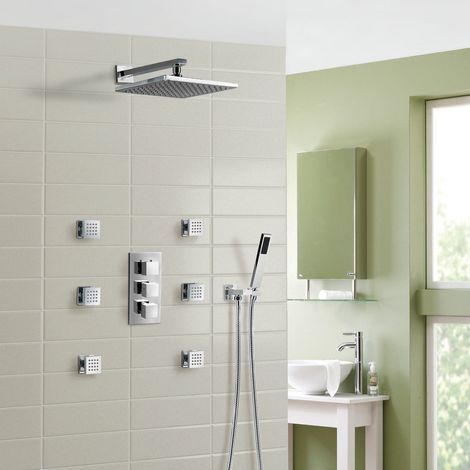 Olive 3 Way Square Concealed Thermostatic Mixer Valve Hand Held Shower Body Jets