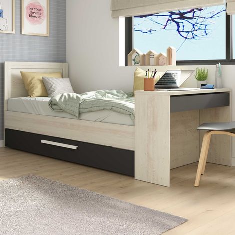 Vente-Unique – Lit Shipley 90x200 avec bureau et tiroir de lit – Panneaux de particules mélaminés – Roulettes pour tiroir – Blanc