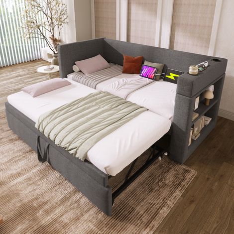 Canapé convertible 90x190 cm lit escamotable gris HAVRYA (1/5)