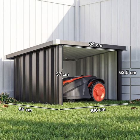 Abri de jardin pour robot tondeuse, acier galvanisé, 108 x 86 x 62,5 cm, toit incliné, lisière de protection, abri extérieur robuste. (1/5)