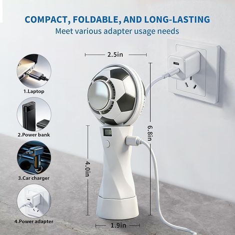 Ventilateur portable rechargeable, ventilateur d'extérieur, avec chargement USB, affichage LED, vitesse de vent réglable, édition spéciale Coupe du Monde 2026, convient aux fans de football, blanc. (1/4)