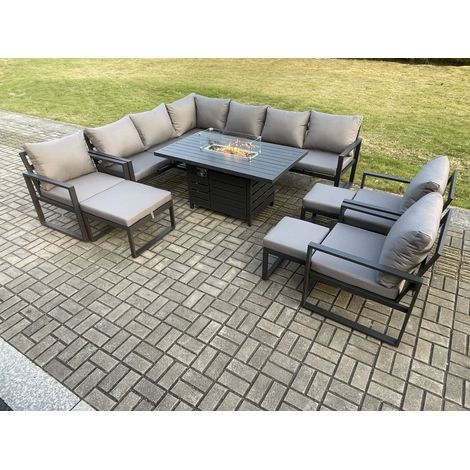 Fimous Aluminium 11 Pieces Garden Furniture Corner Sofa Set with Cushions Gas Fire Pit Dining Table Set with 3 Chairs 3 Footstools Dark Grey (1/5)