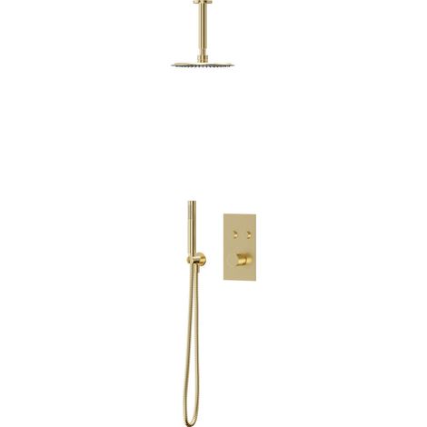 Colore Brushed Brass Concealed Push Button Twin Thermostatic Shower Valve Including 200mm Round Fixed Shower Head with Ceiling Arm and Round Shower Outlet Holder with Kit- 2 Outlet (1/3)