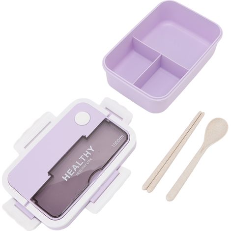 Boîte à lunch en plastique à 3 compartiments, 1000 ml, compatible micro-ondes, style bento, pour enfants, adultes, étudiants et employés de bureau, couleur taro violet. (1/5)