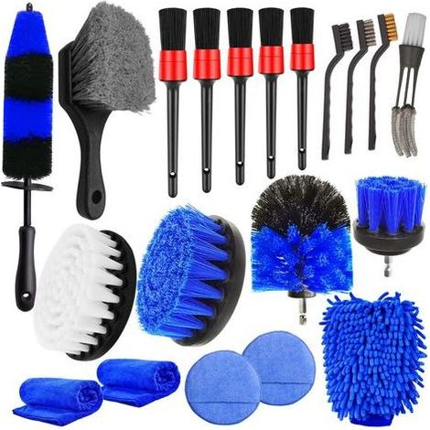 Kit de nettoyage voiture 20 en 1 – 1 brosse jante – 4 brosses pour perceuse – 3 brosses métalliques – Gant microfibre absorbant (1/5)