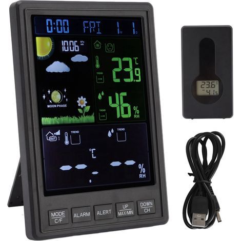 Wireless Indoor/Outdoor Color Weather Station with Black Display, 3 Channels, Thermometer, and Backlight Clock for Home (1/5)