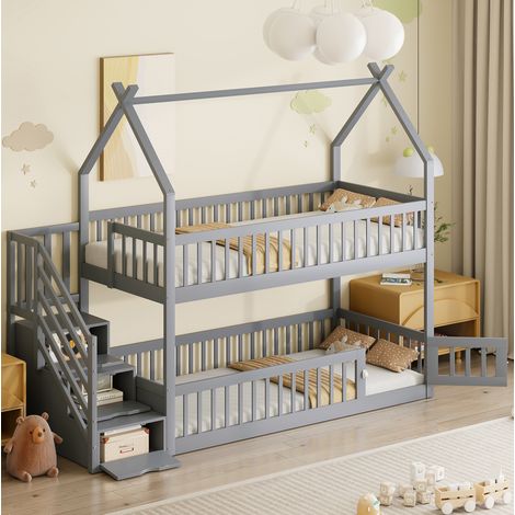 Kinder-Etagenbett 90x200 mit Treppe und Schubladen Grau OKMYHOME (1/5)