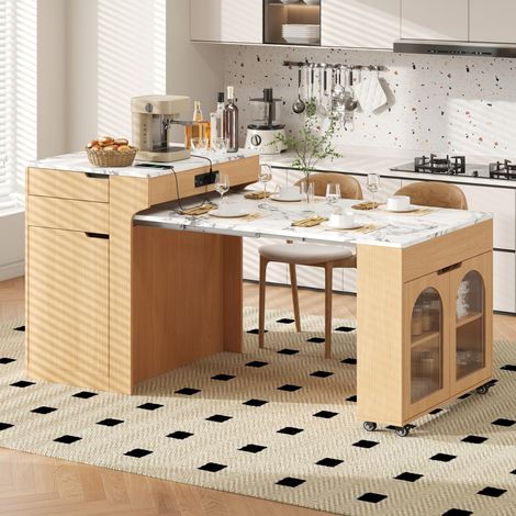 Îlot de Cuisine Extensible - Desserte sur Roulettes avec Prises Intégrées, 2 Tiroirs, Portes Verre – Naturel & Plateau Effet Marbre (1/5)