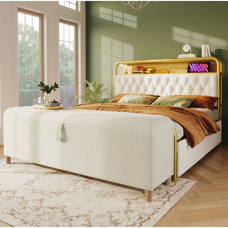 Banco de cama 145 x 38 x 46 cm beige, almacenaje hidráulico, tejido de pana y madera, MEUBLIV (1/5)