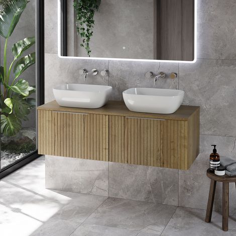 Helix 460 Fluted Autumn Oak 1200mm Wall Mounted 2 Drawer Vanity Unit for Countertop Basins