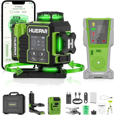 niveau laser chantier 16 lignes avec récepteur Laser niveaux rotatif 4d 360°x4,autonivellement et mode pulsé extérieur ou longue distance pour construction W04+8RG (1/5)