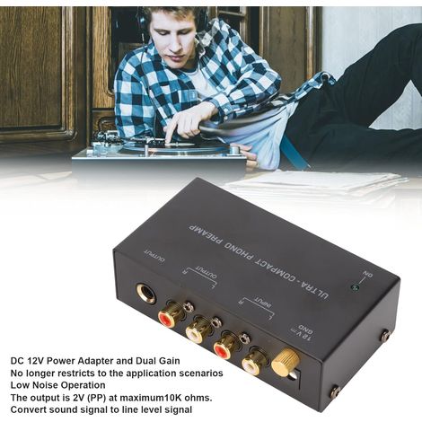 Preamplificatore giradischi Phono PP400, mini amplificatore giradischi stereo audio elettronico con ingresso RCA e uscita RCA con manopola di controllo indipendente, 100-240 V (1)
