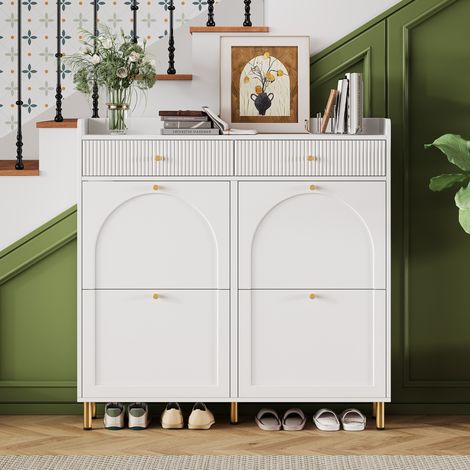 Scarpiera in MDF e truciolare bianca 106,5 cm con 4 ante a ribalta e 2 cassetti (1/5)