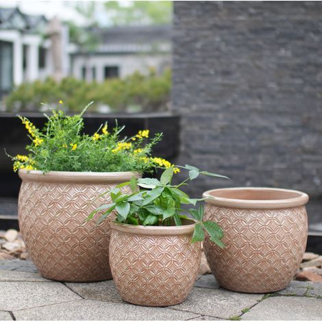 Lote de 3 macetas de cerámica Ø 38,5/30,5/23 cm beige OKMYHOME (1/5)