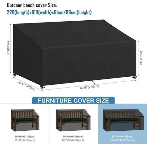 Copertura per panca da giardino a 3 posti 220x100x61/89 cm, impermeabile, copridivano da giardino per esterni, copertura per mobili da giardino in tessuto Oxford, antivento, anti-UV, con fibbia, nero (1/5)