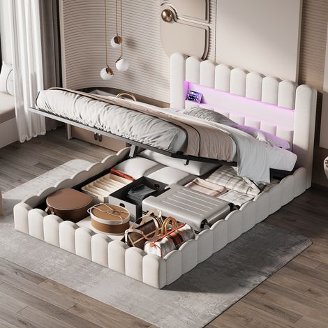Lit double rembourré 140x200, Cadre avec Étagères de Rangement en hydraulique, cadre de lit avec tête de lit, Lit coffre et sommier à lattes, lit capitonné, sans matelas, avec LED et USB/Type C (1/5)
