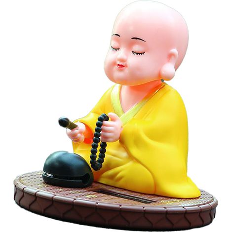 Bouddha Moine Solaire Décoratif qui Hoche et Frappe le Poisson de Bois pour Tableau de Bord Voiture et Bureau Maison Cadeau Nouvel An Chinois Jaune (1/5)