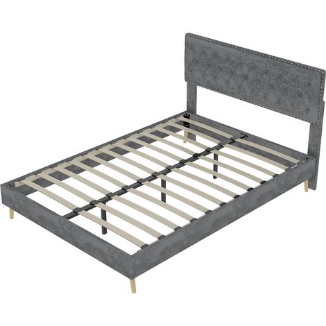 Cama tapizada gris 160 x 200 cm con cabecero capitoné, somier bajo (1/5)