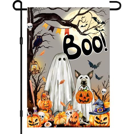 Drapeau d'Halloween double face 12x18 - Décoration de jardin citrouille, fantôme et chien effrayant (1/5)
