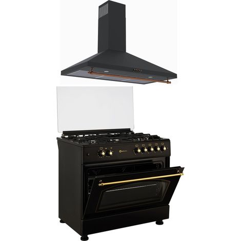 SOLTHERMIC COMBO PACK COCINA GAS F9L50G2RB CON HORNO PANORAMICO NEGRA RÚSTICO + CAMPANA A DECORATIVA H90PR
