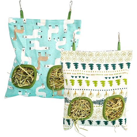 Hay Bag for Small Animals, Hay Bag, Canvas Hay Bag for Rabbits, Guinea Pigs and Chinchillas, Double Opening, Metal Hook, Carrot, Llama and Tribal Prints (1/5)