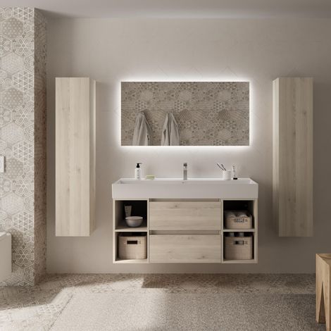 Meuble de salle de bain BEQUIA PLUS 120cm Naturel Vasque Veneto Porcelaine Centrale 2H (1/4)