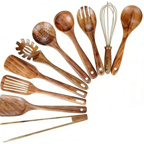 Suppenlöffel aus Teakholz mit langem Griff, Holzsieb, beschichtete Bratpfanne, Spezialspatel, Spatel aus Akazienholz, Küchenutensilien (1/5)