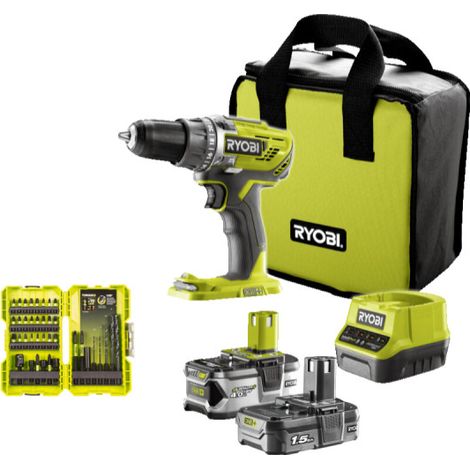 Confezione RYOBI trapano-avvitatore R18DD3-2415BS 18V OnePlus - 2 batterie 4,0 Ah - 1,5Ah - Caricabatterie - 38 accessor