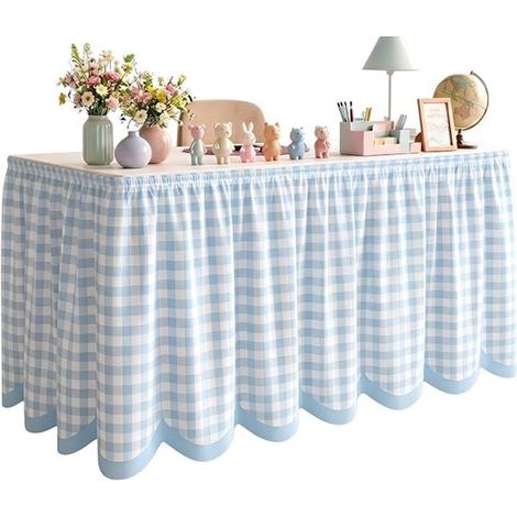 Jupe de table pour bureau – 180 x 75 cm – À carreaux bleus – Lavable – Décorative – Bureau et intérieur (1/5)