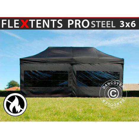 Pop up gazebo FleXtents PRO Steel 3x6 m Black, Flame retardant, incl. 6 sidewalls