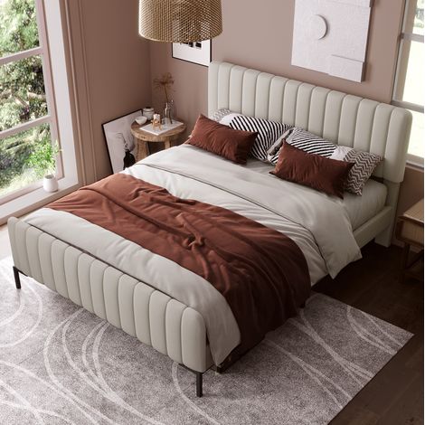 Leinenbett 140x200 cm Beige-Grau mit verstellbarem Kopfteil, ohne Matratze – MEUBLIV (1/5)