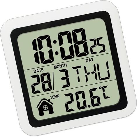 Wasserdichte Digitaluhr mit mehrsprachiger Anzeige von Wochentag, Temperatur, Uhrzeit und Datum Wandmontage mit Saugnapf. (1/5)
