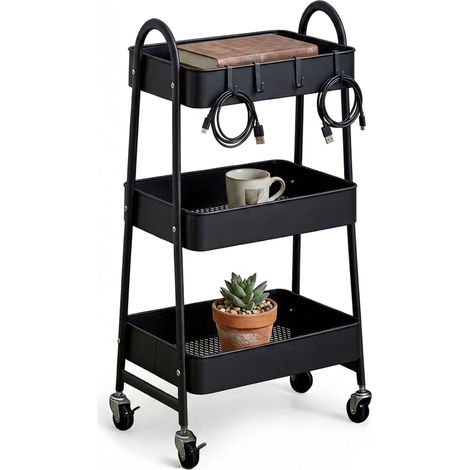Relaxdays, carrello con 2 maniglie, ripiani e ganci, ruote con freno, carrello servizio, nero